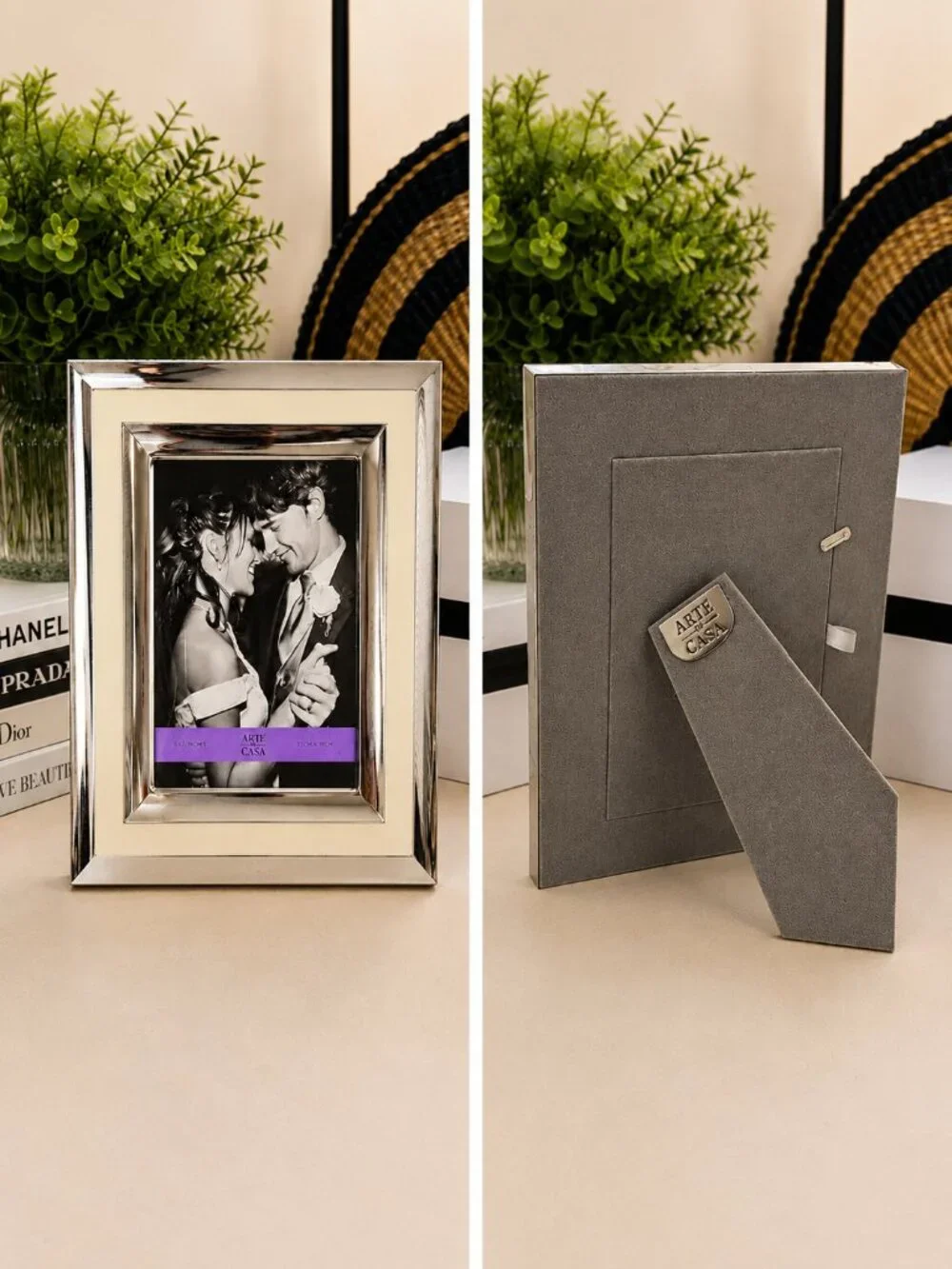 Arte De Casa 5x7 Silver Mirrored Ivory Tabletop Picture Frame Easel Modern Glam